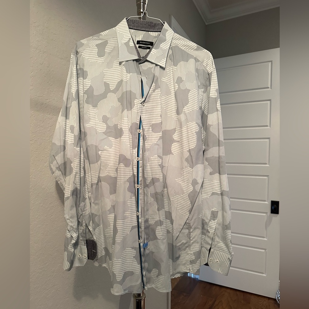 Bugatchi Classic Fit Long Sleeve Button Down White/Gray Camo Pattern XXL